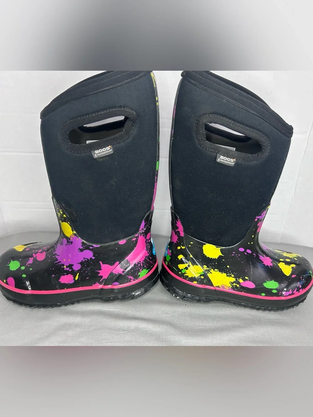 Bogs Youth Kids Black Splash-Print Rain Boots - Pink, Green & Yellow